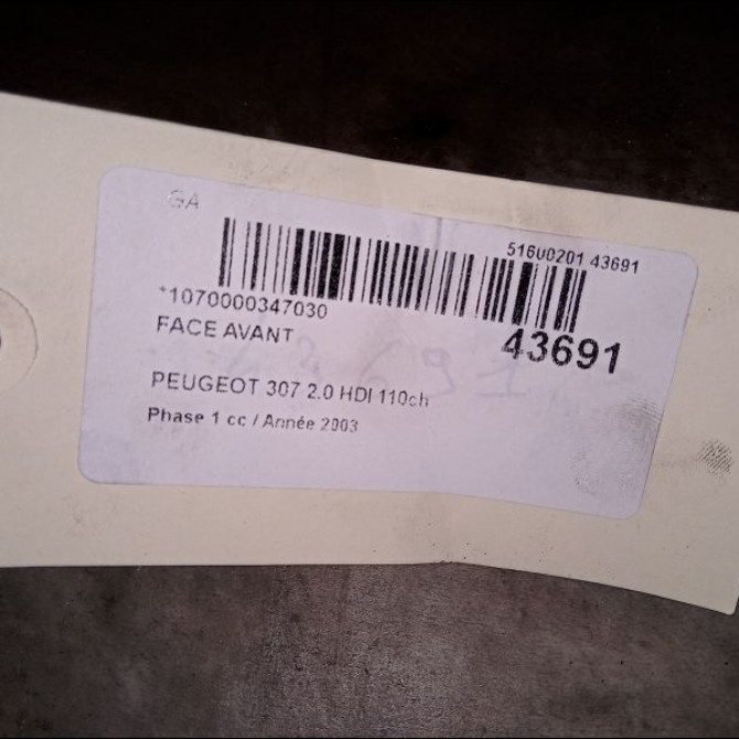 Face avant occasion PEUGEOT 307 Phase 1 04-2001->06-2005 2.0 HDI 110ch 7104R9 2