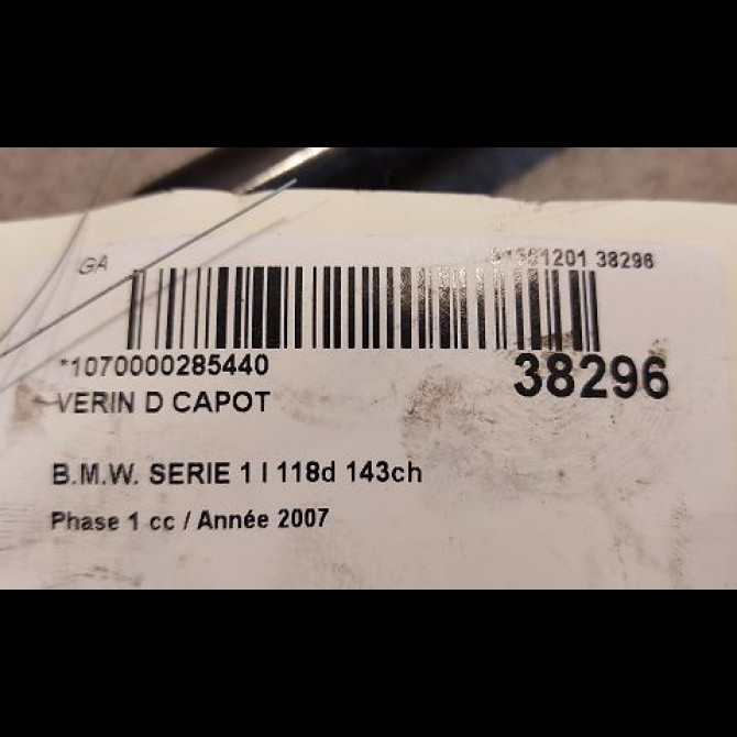 Verin d capot occasion B.M.W. SERIE 1 I Phase 1 01-2007->07-2011 118d 143ch 51237118370 2