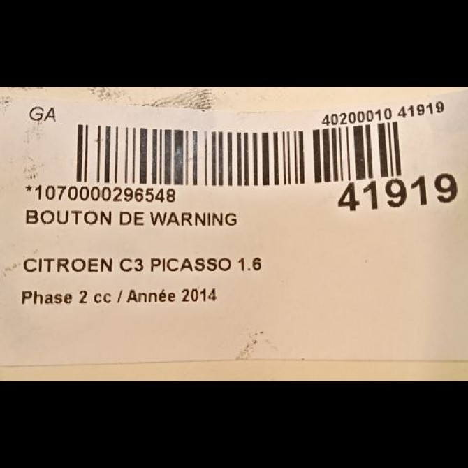 Bouton de warning occasion CITROEN C3 PICASSO Phase 2 09-2012->... 1.6 HDI 90ch 6242PZ 3