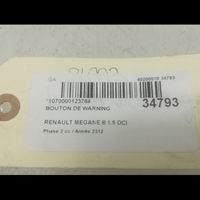 Bouton de warning occasion RENAULT MEGANE III Phase 2 01-2012->06-2014 1.5 DCI 110ch 252100502R 3