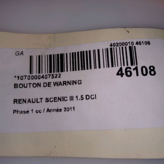 Bouton de warning occasion RENAULT SCENIC III Phase 1 04-2009->11-2011 1.5 DCI 110ch 252100502R 4