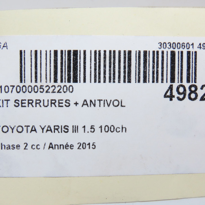 Kit serrures + antivol occasion TOYOTA YARIS III Phase 2 06-2014->... 1.5 100ch 897040D830 6