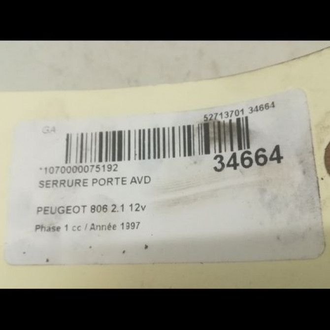 Serrure porte avd occasion PEUGEOT 806 Phase 1 06-1994->12-2001 2.1 12v 9136J7 3
