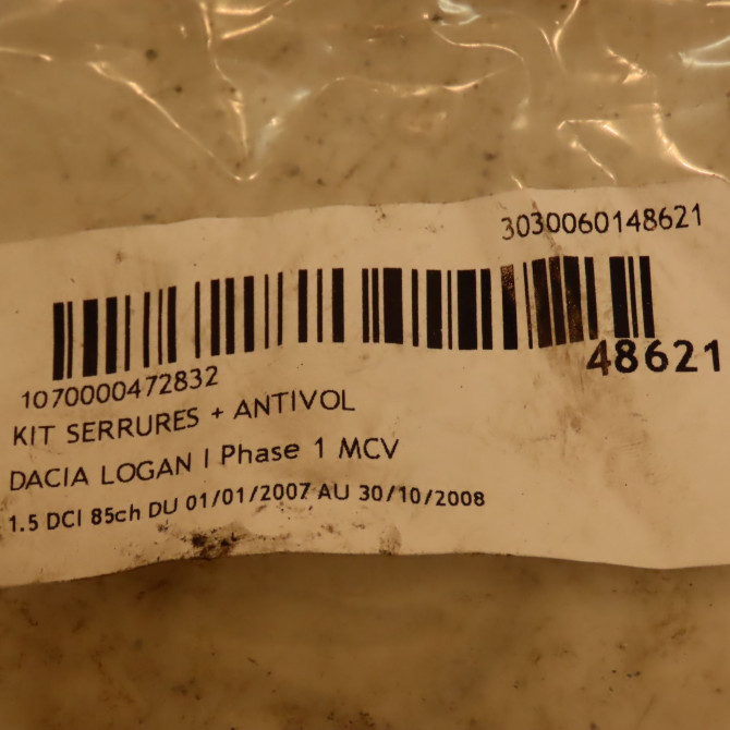 Kit serrures + antivol occasion DACIA LOGAN I Phase 1 MCV 01-2007->10-2008 1.5 DCI 85ch 3