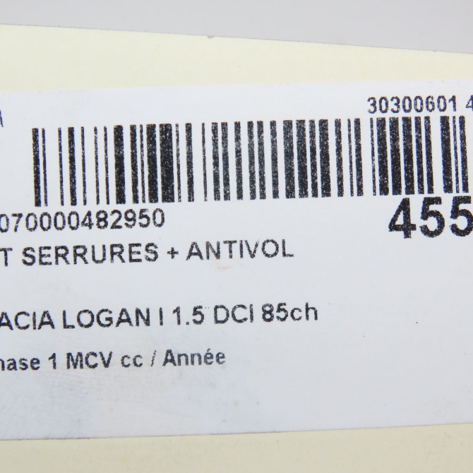 Kit serrures + antivol occasion DACIA LOGAN I Phase 1 MCV 01-2007->10-2008 1.5 DCI 85ch 8