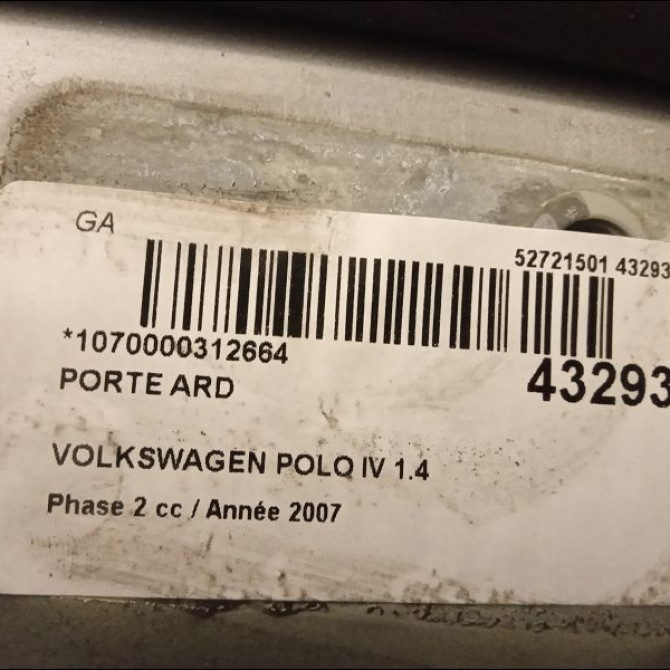 Porte arrière droite occasion VOLKSWAGEN POLO IV Phase 2 05-2005->09-2009 1.4 TDI 70ch 6Q6833056H 2