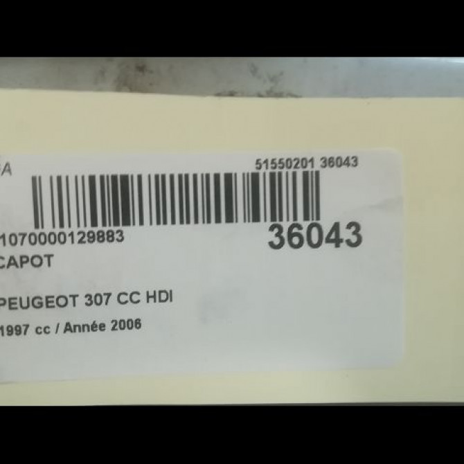 Capot occasion PEUGEOT 307 CC Phase 2 06-2005->06-2008 2.0HDI 136ch 7901L9 3