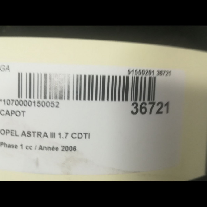 Capot occasion OPEL ASTRA III ASTRA III Phase 1 2004-04-01->2006-12-31 1.7 CDTI 100ch 93178717 3