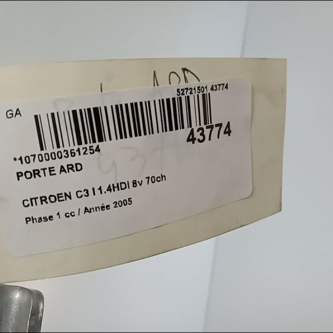 Porte arrière droite occasion CITROEN C3 I Phase 1 04-2002->10-2005 1.4HDI 8v 70ch 9008Q5 3