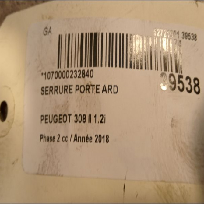 Serrure porte ard occasion PEUGEOT 308 II 308 II Phase 2 2017-04-01-> 1.2i PureTech 130ch 9826110980 2