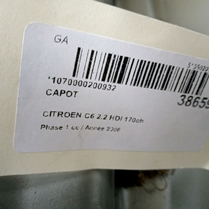 Capot occasion CITROEN C6 Phase 1 12-2005->03-2013 2.2 HDI 170ch 790143 3
