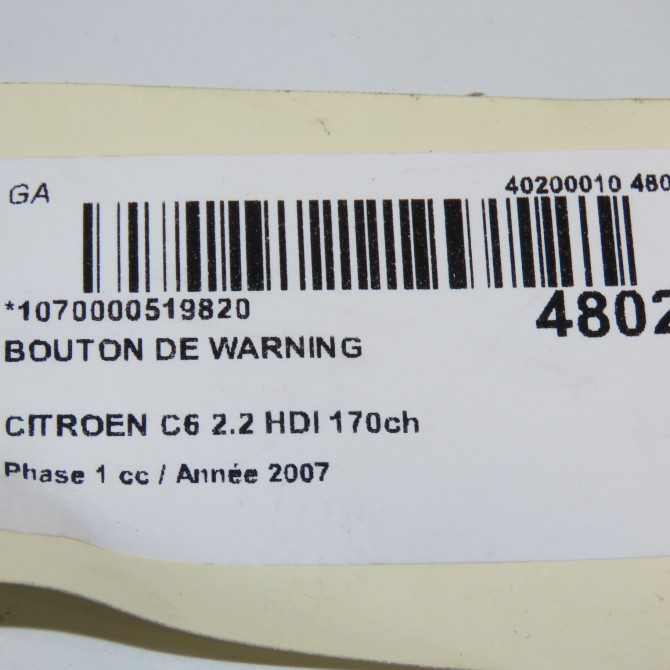 Bouton de warning occasion CITROEN C6 Phase 1 12-2005->03-2013 2.2 HDI 170ch 6554EA 5