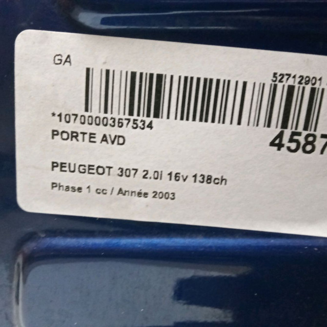 Porte avant droite occasion PEUGEOT 307 Phase 1 04-2001->06-2005 2.0i 16v 138ch 9004S7 2