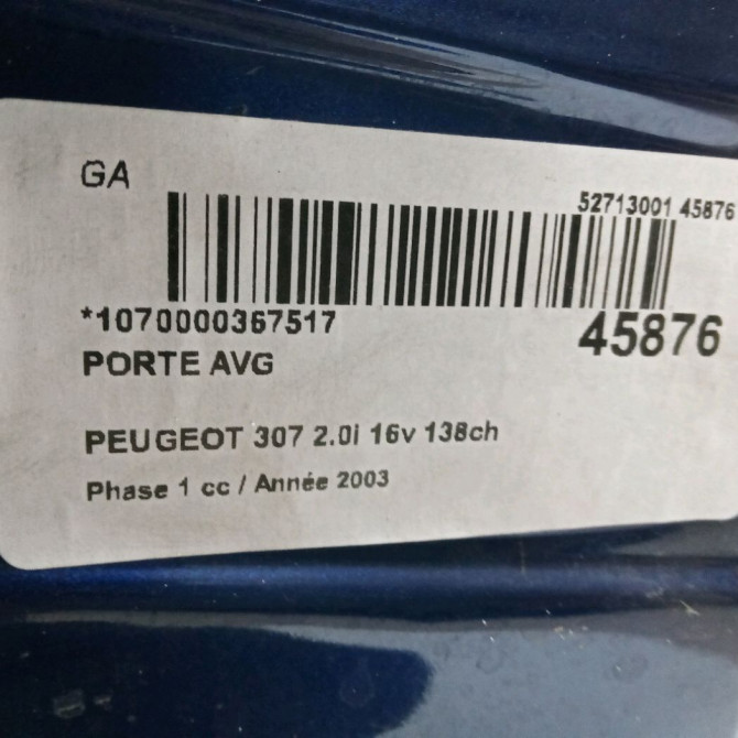 Porte avant gauche occasion PEUGEOT 307 Phase 1 04-2001->06-2005 2.0i 16v 138ch 9002S8 2