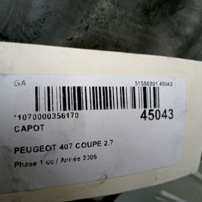 Capot occasion PEUGEOT 407 COUPE Phase 1 10-2005->12-2011 2.7 HDI 204ch 7901L6 3