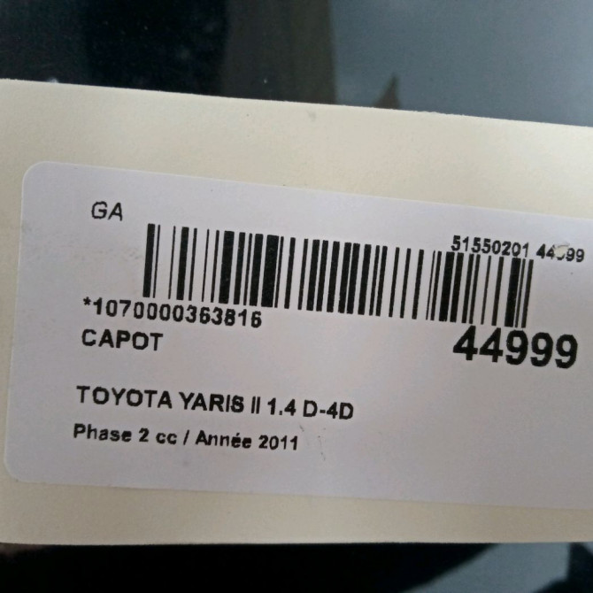 Capot occasion TOYOTA YARIS II Phase 2 01-2009->05-2011 1.4 D-4D 90ch 533010D080 2