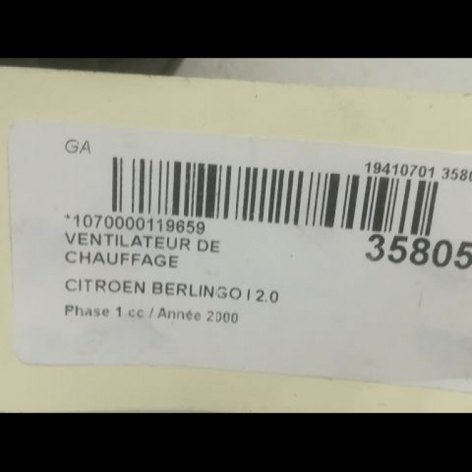 Ventilateur de chauffage occasion CITROEN BERLINGO I Phase 1 09-1996->11-2002 2.0 HDi 3