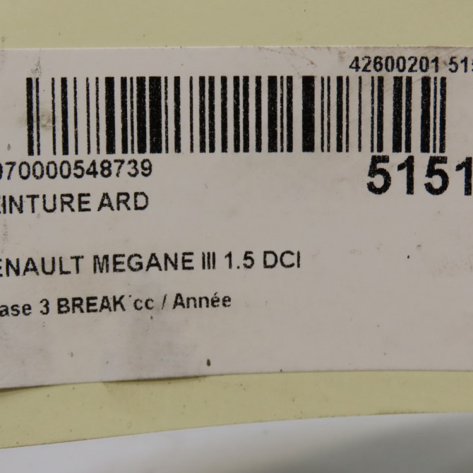 Ceinture arrière droite occasion RENAULT MEGANE III Phase 1 04-1995->04-1999 1.5 DCI 95ch 888401620R 5