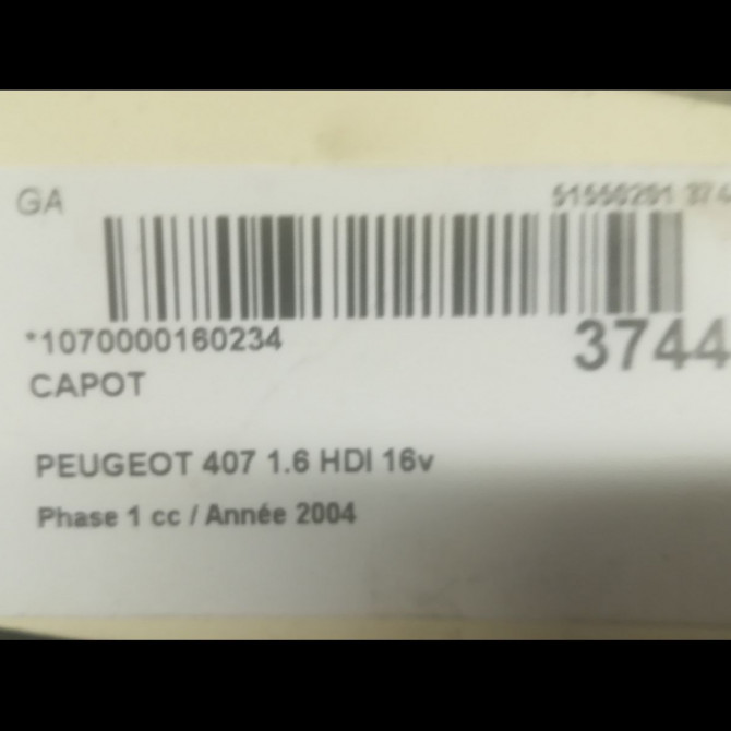 Capot occasion PEUGEOT 407 Phase 1 04-2004->07-2008 1.6 HDI 16v 7901K7 3