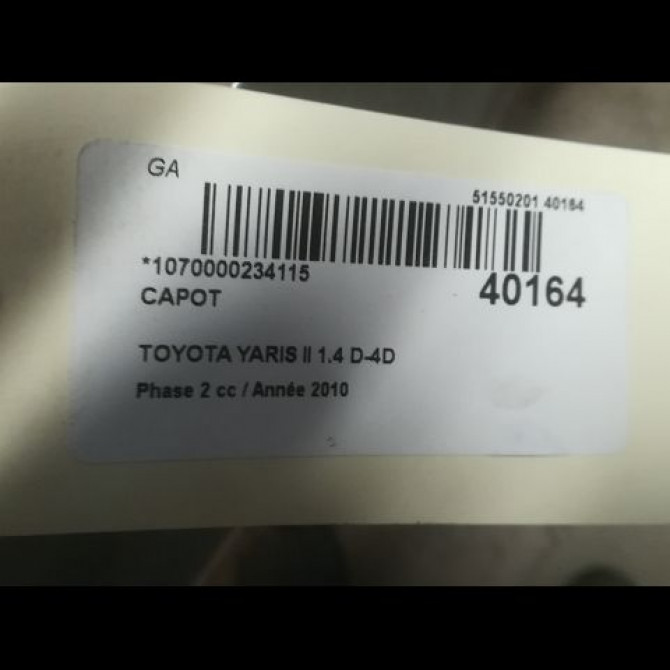 Capot occasion TOYOTA YARIS II Phase 2 01-2009->05-2011 1.4 D-4D 90ch 533010D080 2