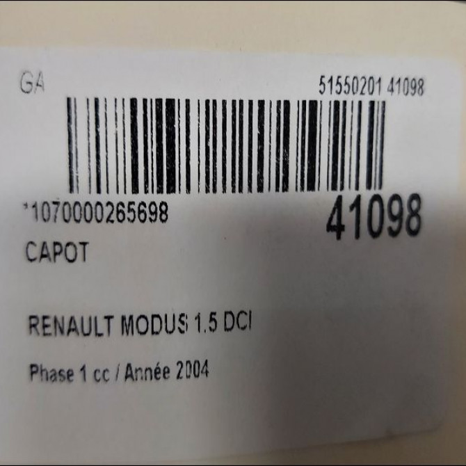 Capot occasion RENAULT MODUS Phase 1 09-2004->12-2007 1.5 DCI 65ch 7751475521 2