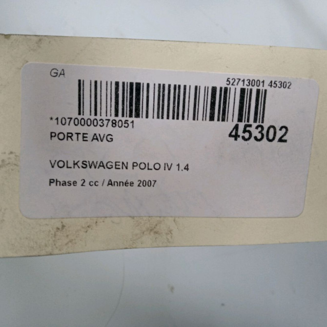 Porte avant gauche occasion VOLKSWAGEN POLO IV Phase 2 05-2005->09-2009 1.4 TDI 70ch 6Q3831055K 3