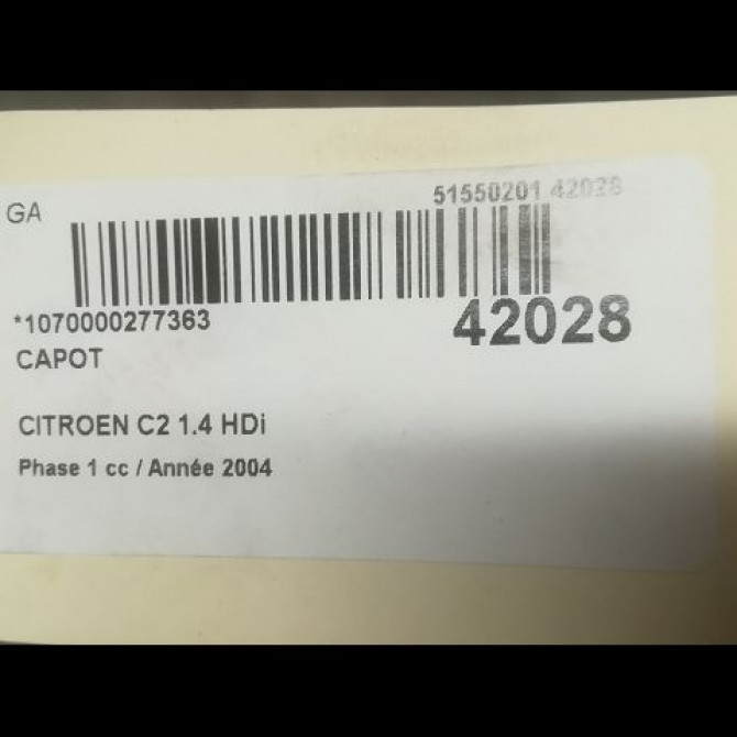 Capot occasion CITROEN C2 Phase 1 09-2003->10-2008 1.4 HDi 7901K2 2