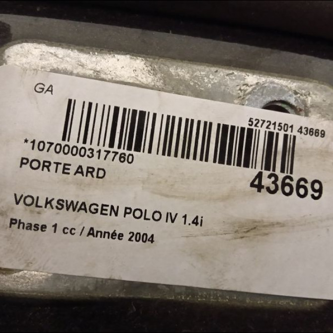 Porte arrière droite occasion VOLKSWAGEN POLO IV Phase 1 01-2002->05-2005 1.4i 75ch 6Q6833056H 3