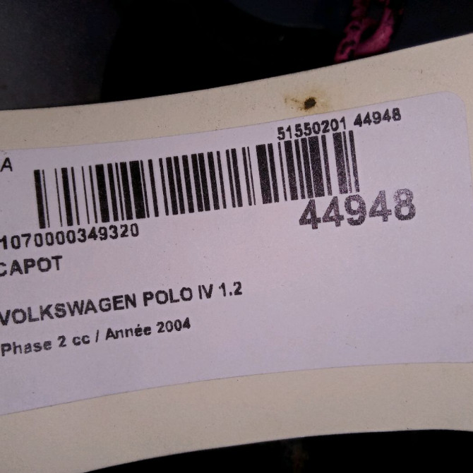Capot occasion VOLKSWAGEN POLO IV Phase 2 05-2005->09-2009 1.2 65ch 6QE823031B 4