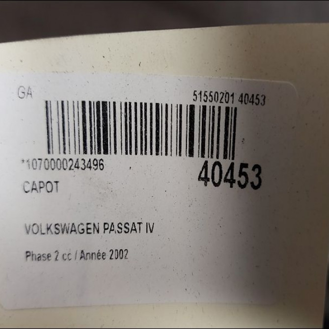 Capot occasion VOLKSWAGEN PASSAT IV Phase 2 10-2000->03-2005 1.9 TDI 100ch 3B0823031K 2