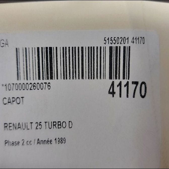 Capot occasion RENAULT 25 Phase 2 07-1988->06-1992 TURBO D 7751464698 2