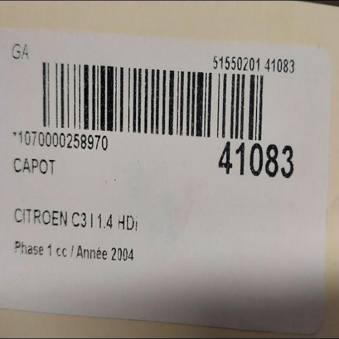 Capot occasion CITROEN C3 I Phase 1 04-2002->10-2005 1.4 HDi 7901K6 2