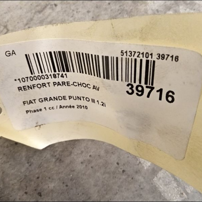 Renfort pare-choc avant occasion FIAT GRANDE PUNTO III Phase 1 09-2005->12-2013 1.2i 65ch 51874499 2