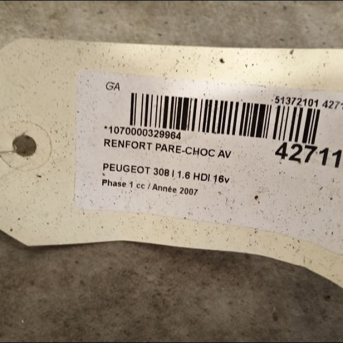 Renfort pare-choc avant occasion PEUGEOT 308 I Phase 1 09-2007->03-2011 1.6 HDI 16v 110ch 2