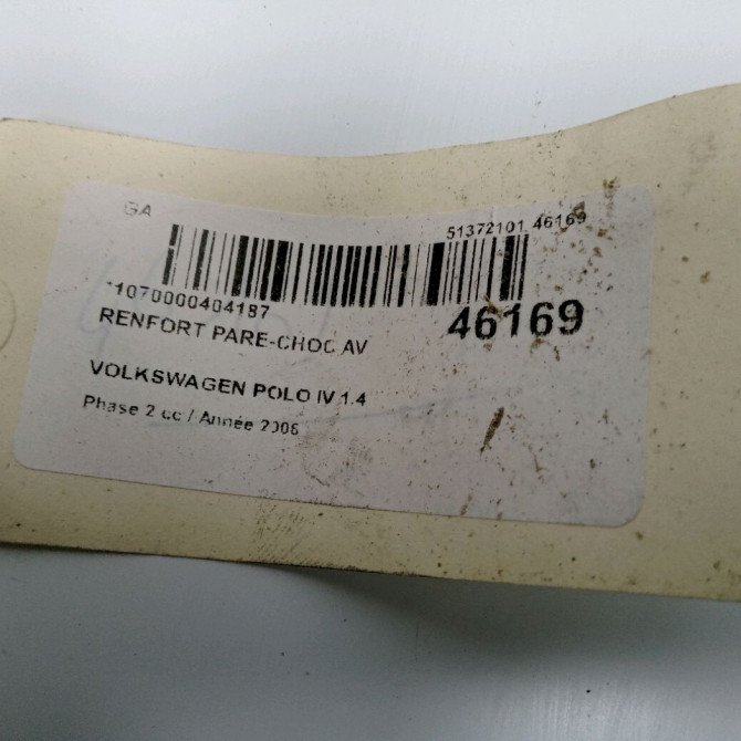 Renfort pare-choc avant occasion VOLKSWAGEN POLO IV Phase 2 05-2005->09-2009 1.4 TDI 70ch 6Q0807109D 2