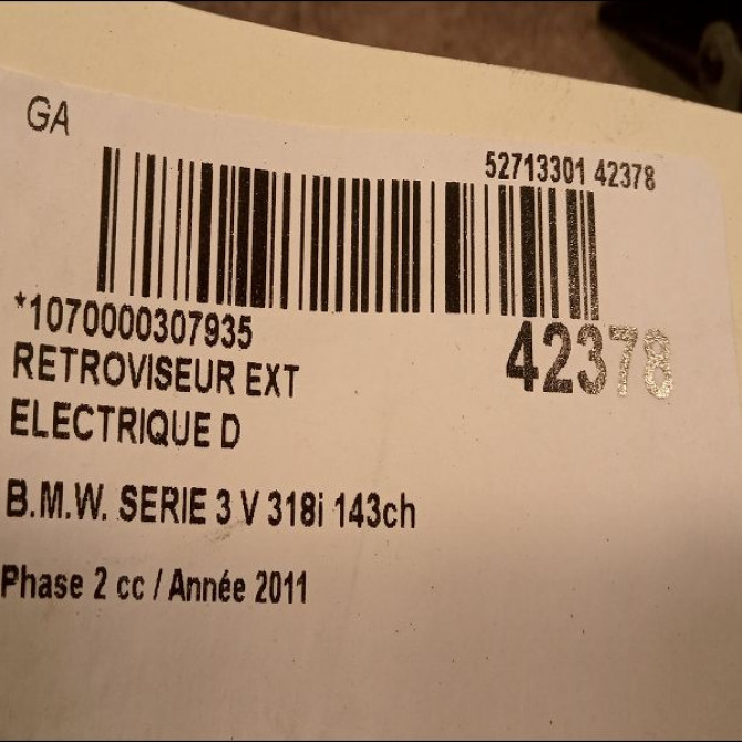 Retroviseur exterieur electrique droit occasion B.M.W. SERIE 3 V Phase 2 09-2008->12-2011 318i 143ch 51167268262 3