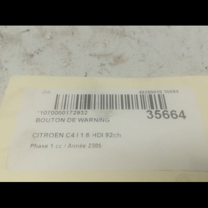 Bouton de warning occasion CITROEN C4 I Phase 1 11-2004->07-2008 1.6 HDI 92ch 6554GT 2