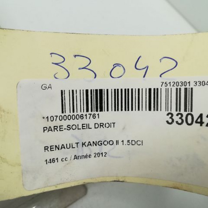 Pare-soleil droit occasion RENAULT KANGOO II Phase 1 01-2008->03-2013 1.5 DCI 90ch 8200928803 3