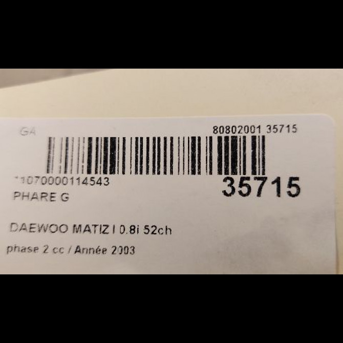 Phare gauche occasion DAEWOO MATIZ I phase 2 01-2001->12-2004 0.8i 52ch 93741271 3