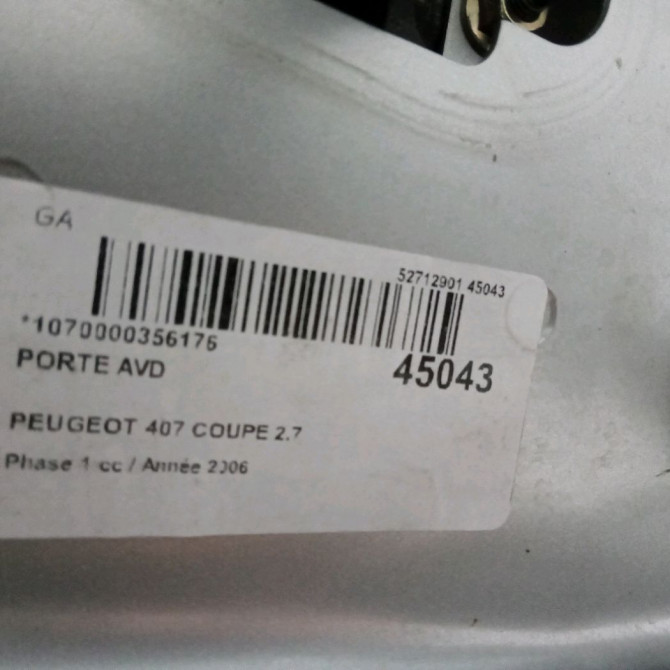 Porte avant droite occasion PEUGEOT 407 COUPE Phase 1 10-2005->12-2011 2.7 HDI 204ch 9004W8 2