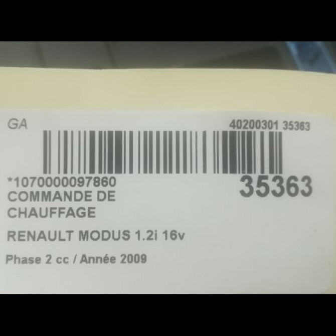 Commande de chauffage occasion RENAULT MODUS Phase 2 01-2008->12-2012 1.2i 16v 75ch 3