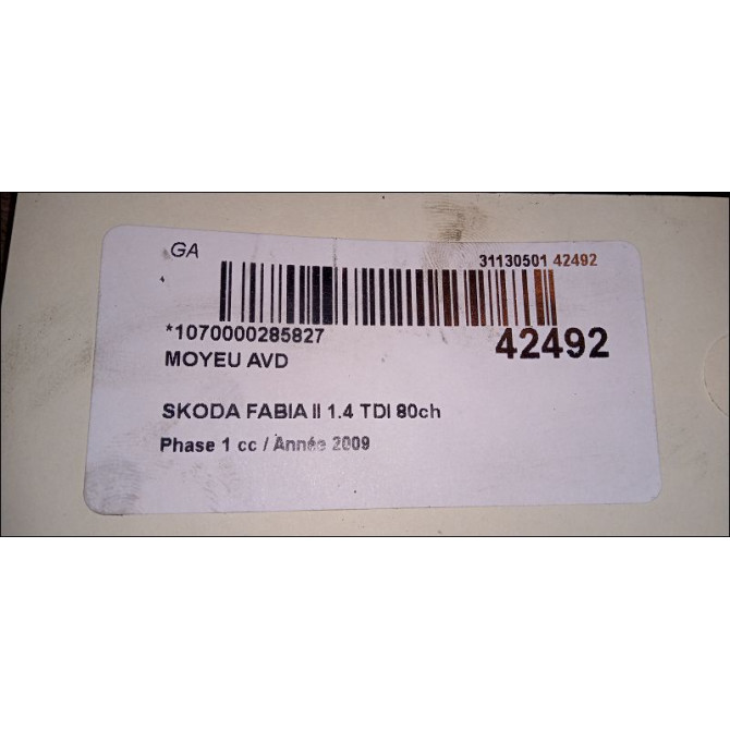 Moyeu avd occasion SKODA FABIA II Phase 1 05-2007->03-2010 1.4 TDI 80ch 6C0407621 3