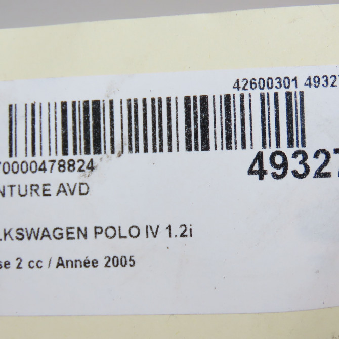 Ceinture avant droite occasion VOLKSWAGEN POLO IV Phase 2 05-2005->09-2009 1.2i 65ch 6Q4857706JRAA 5
