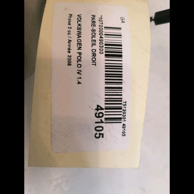 Pare-soleil droit occasion VOLKSWAGEN POLO IV Phase 2 05-2005->09-2009 1.4 TDI 80ch 6Q0857552F2F4 3