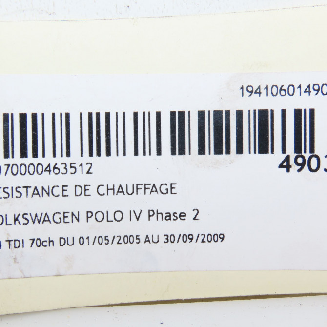 Resistance de chauffage occasion VOLKSWAGEN POLO IV Phase 2 05-2005->09-2009 1.4 TDI 70ch 3