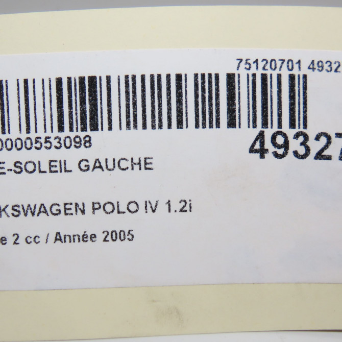 Pare-soleil gauche occasion VOLKSWAGEN POLO IV Phase 2 05-2005->09-2009 1.2i 65ch 6Q0857551F2F4 6