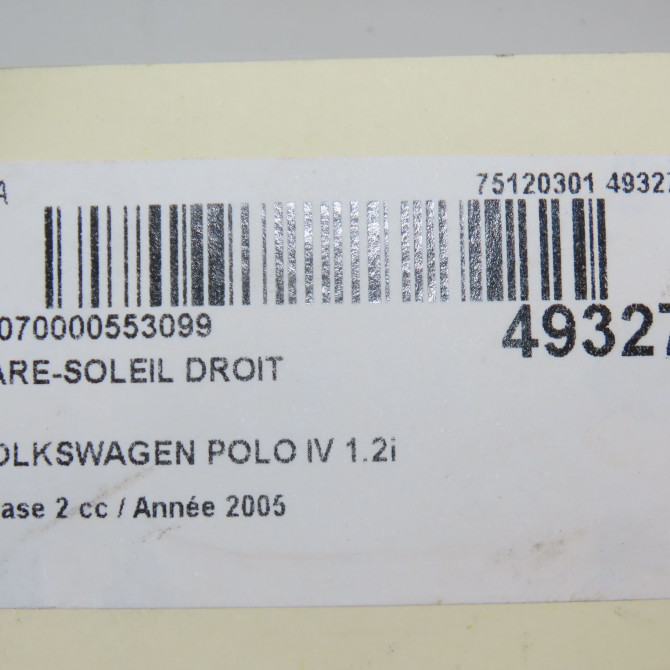 Pare-soleil droit occasion VOLKSWAGEN POLO IV Phase 2 05-2005->09-2009 1.2i 65ch 6Q0857552F2F4 6