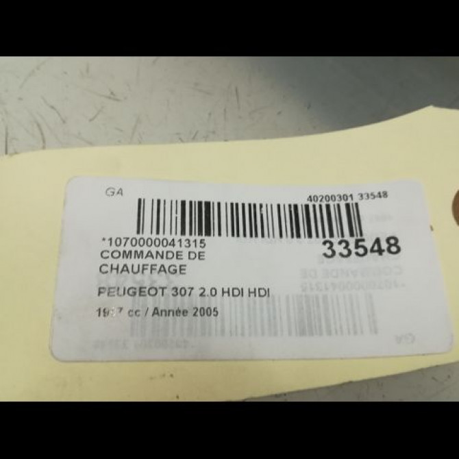 Commande de chauffage occasion PEUGEOT 307 Phase 1 04-2001->06-2005 1.4 HDI 8v 70ch 6