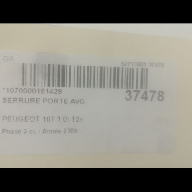 Serrure porte avg occasion PEUGEOT 107 Phase 2 01-2009->01-2012 1.0i 12v 9135S3 3