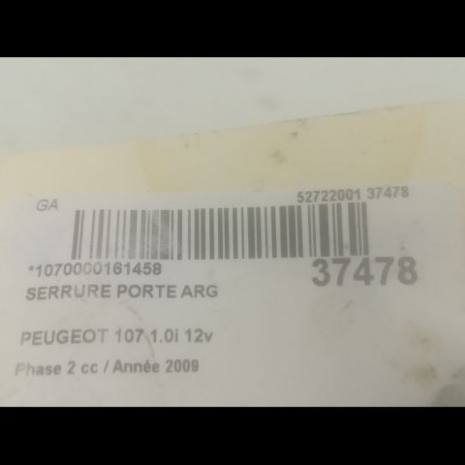 Serrure porte arg occasion PEUGEOT 107 Phase 2 01-2009->01-2012 1.0i 12v 9137E9 3